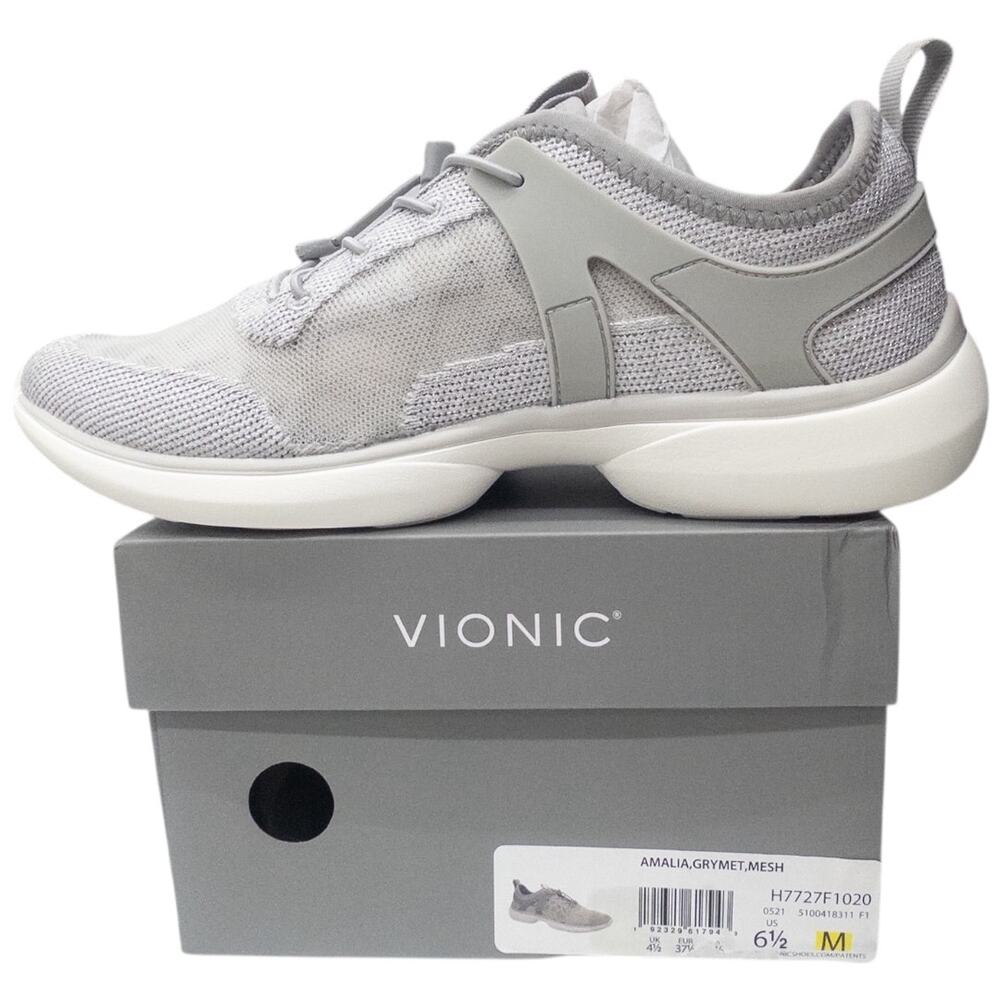 Vionic Amalia Gray Silver Metallic Sneakers Womens Size 6.5 Mesh Bungee Tie